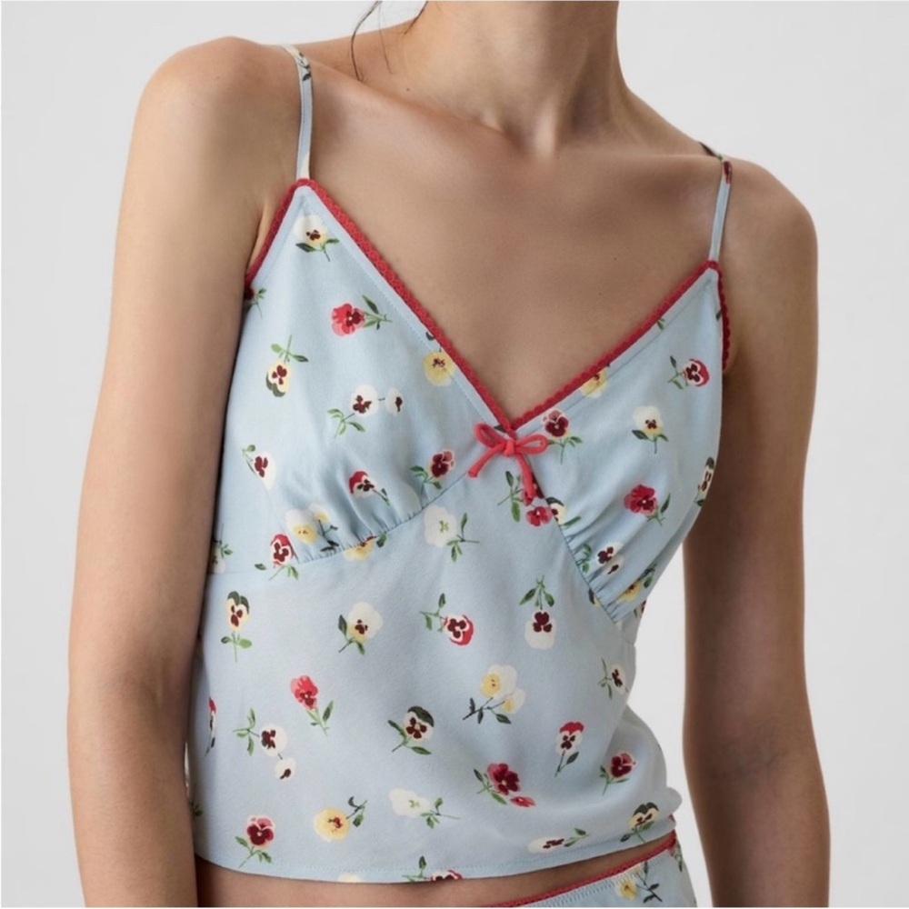 Floral Lace-Trim Camisole Tank Top - Light Blue